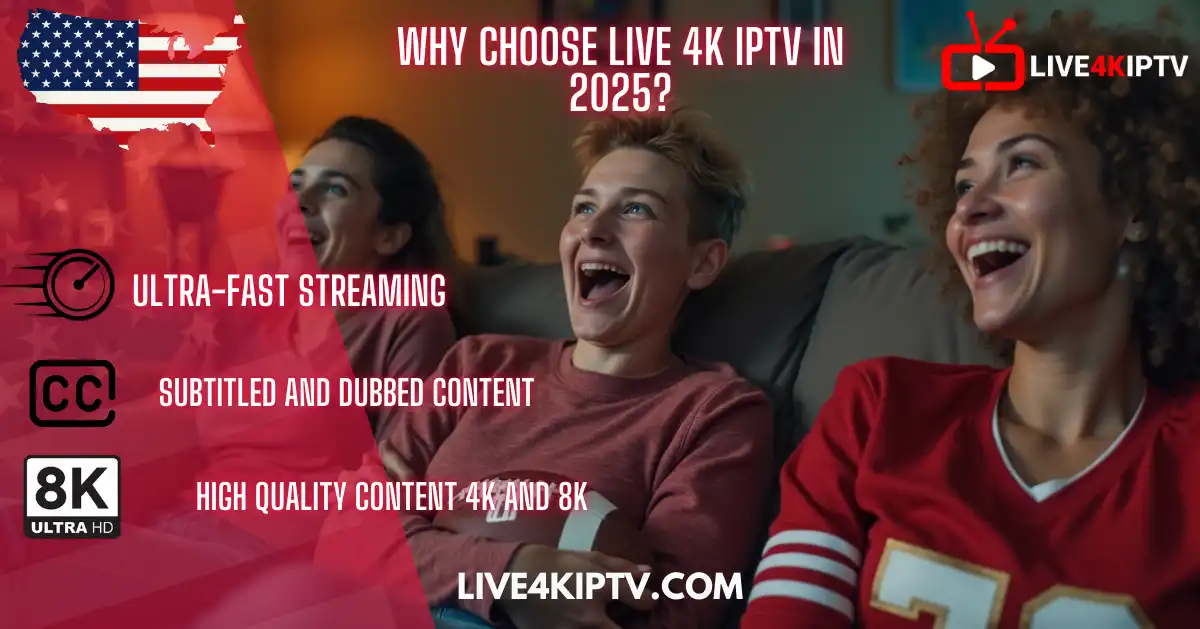 Three people laughing while watching Live 4K IPTV with ultra-fast 8K streaming – best IPTV service 2025 with subtitles and dubbed content