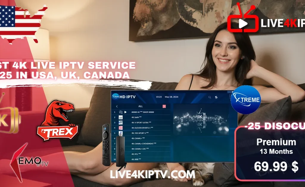 A smiling woman in black lingerie sitting on a sofa with a cat on her lap, next to a TV screen displaying the Live4KIPTV interface and XTreme IPTV channels. The image shows a -25% discount for the Premium 13-month American IPTV subscription 2025 priced at $69.99, with logos of Kemo IPTV, T-Rex IPTV, and Strong IPTV 8K quality. This 4K Live IPTV service 2025 offers IPTV adult content, USA IPTV vods and Kemo IPTV NHL.