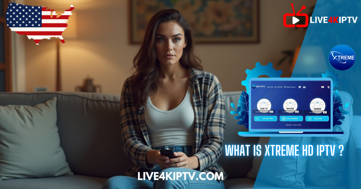 A woman sitting on a couch holding a remote, next to a laptop screen displaying Xtreme HD IPTV interface β promoting IPTV services via LIVE4KIPTV in the USA.