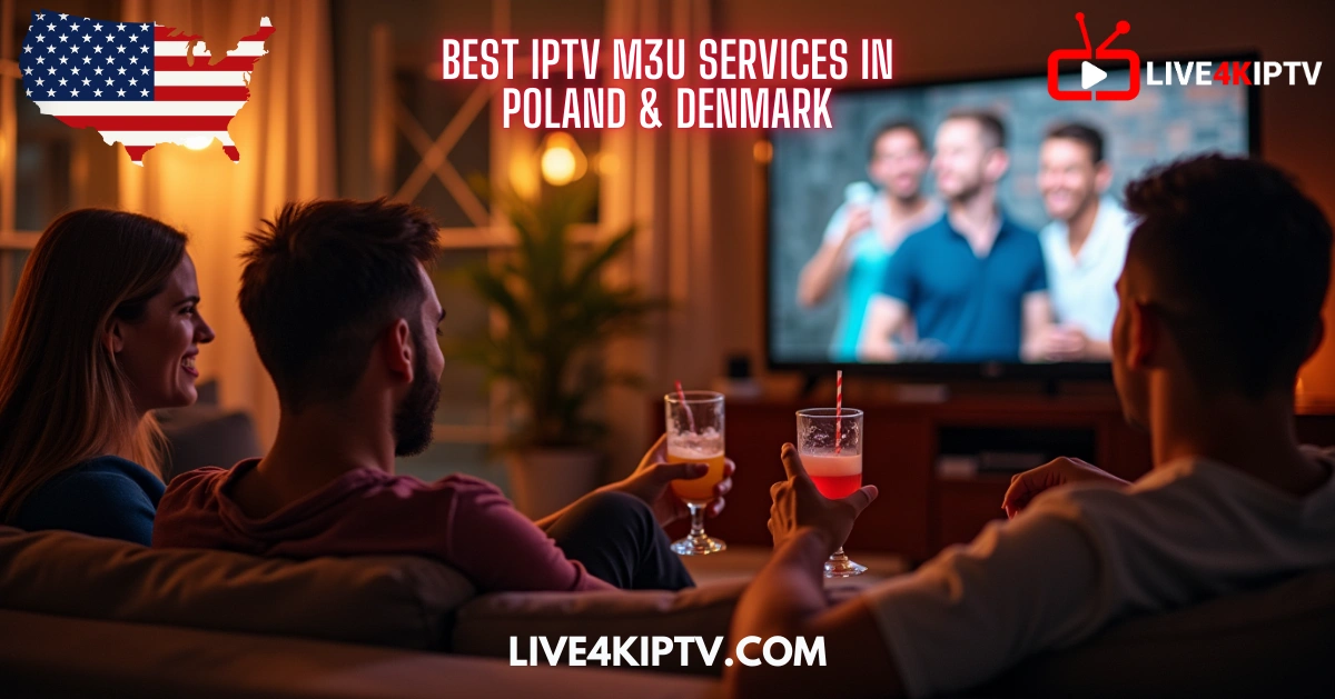 Three people enjoying a drink while watching IPTV on a large screen at home, representing top IPTV M3U services in Poland and Denmark via Live4KIPTV.