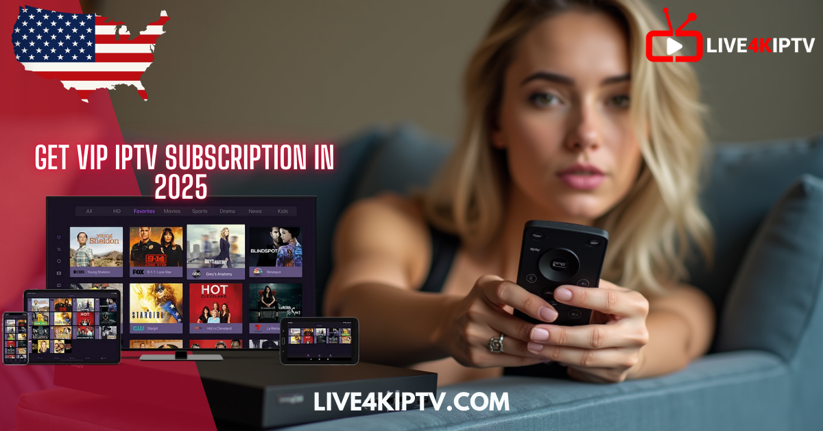 Woman holding a remote control and watching premium IPTV content on multiple devices β promoting VIP IPTV subscription in 2025 with LIVE4KIPTV.