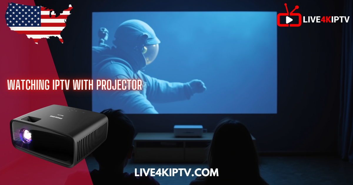 People watching IPTV content via projector on a large screen, showcasing cinematic 4K viewing experience with Live4KIPTV β ideal setup for home theater in 2025.