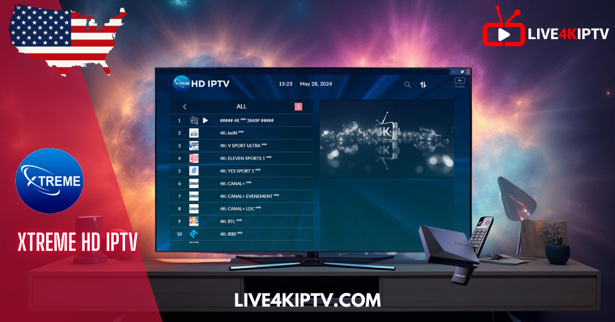 Xtreme IPTV HD interface displaying 4K live IPTV channels with a FireStick and IPTV box on the table – USA viewers setup.