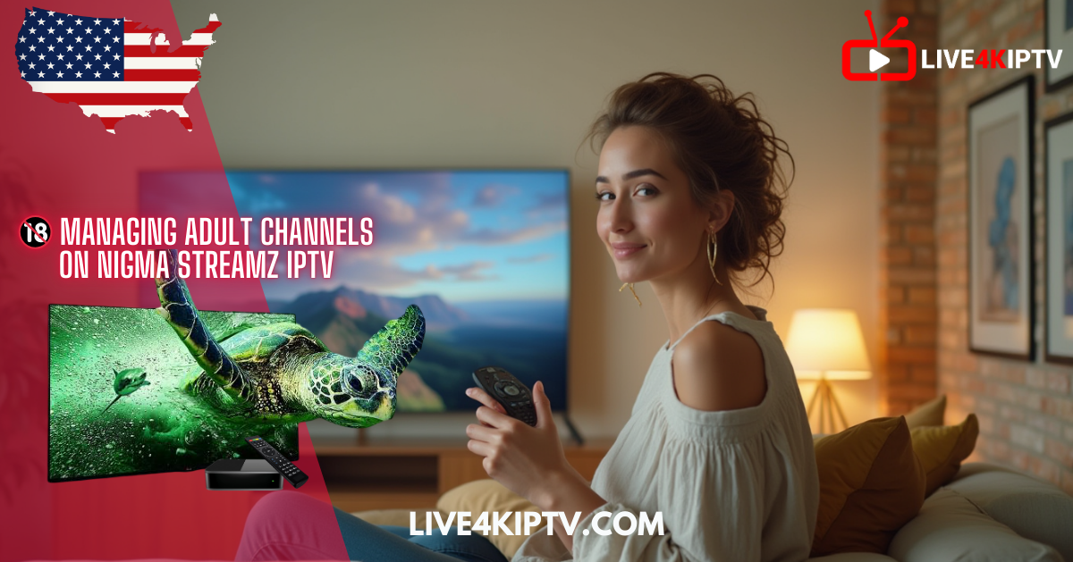 Smiling woman using a remote to watch Nigma Streamz IPTV on Smart TV, managing adult channels, with a U.S. flag and 18+ icon in the background.