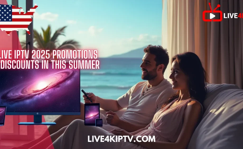 Couple enjoying 4K Live IPTV 2025 on the beach with multiple screens, part of Nigma IPTV summer promotion for premium IPTV 4K and VIP TV channels in the USA.