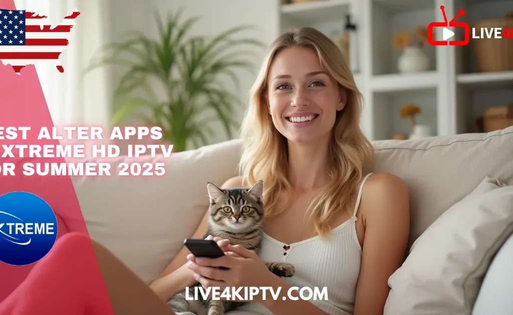 Smiling woman watching TV with cat in her arms, promoting Nigma Streamz IPTV 2025 subscription and showing the best alternative apps to Xtreme HD IPTV