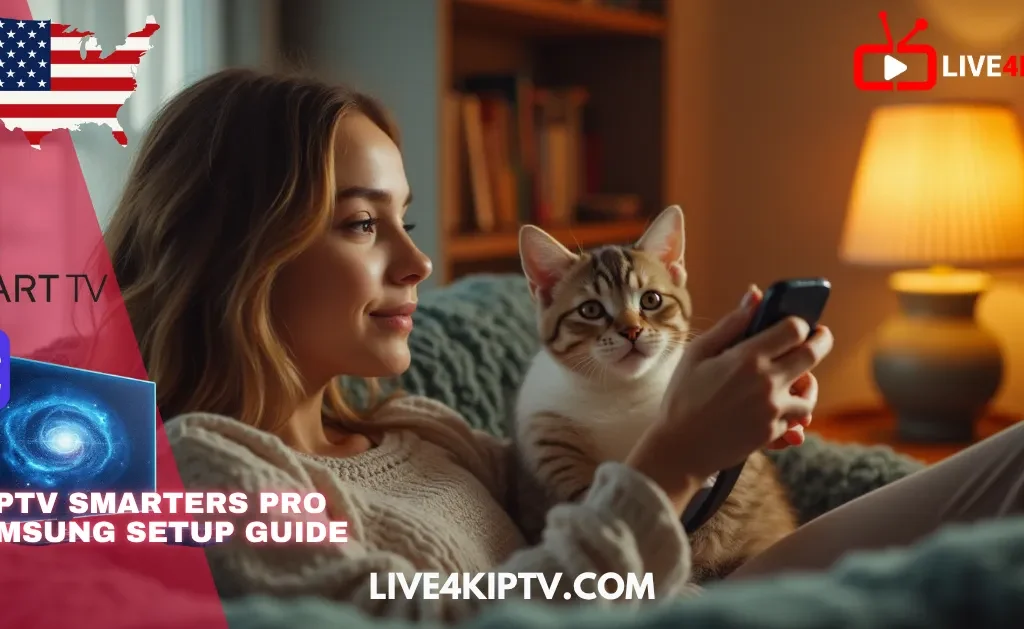 Woman watching TV with cat while using IPTV Smarters Pro on Samsung Smart TV via Nigma Streamz IPTV and 4K Live IPTV