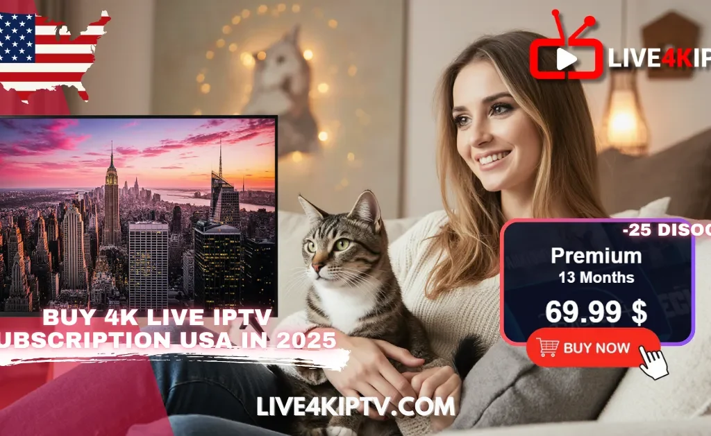 Woman with cat watching cityscape on TV, advertising a live 4k iptv usa subscription 2025.