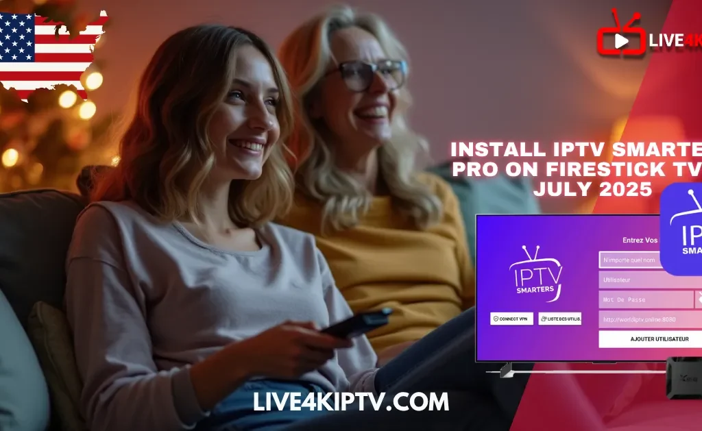 Two women smiling while using IPTV after reading the log of install IPTV Smarters Pro on Firestick TV in the USA – step-by-step setup guide Nigma Streamz IPTV for July 2025 shown on screen.