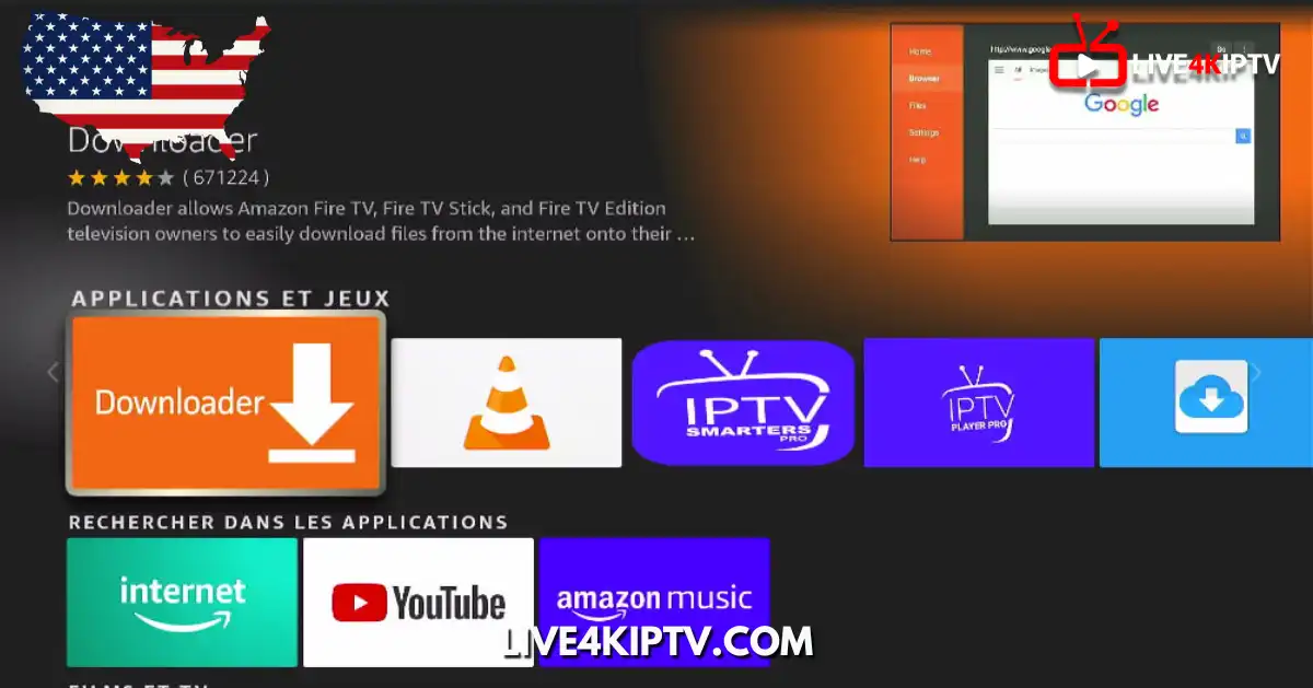 Firestick TV screen showing the Downloader app and IPTV Smarters Pro ready for installation – perfect guide for IPTV setup in the USA.