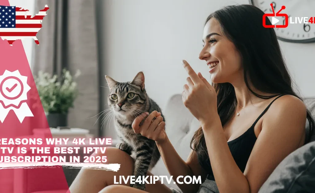 Woman smiling on sofa with cat while watching 4K Live IPTV TV — best IPTV service in 2025 using nigma streamz IPTV, live 4K IPTV, and streamz nigma IPTV