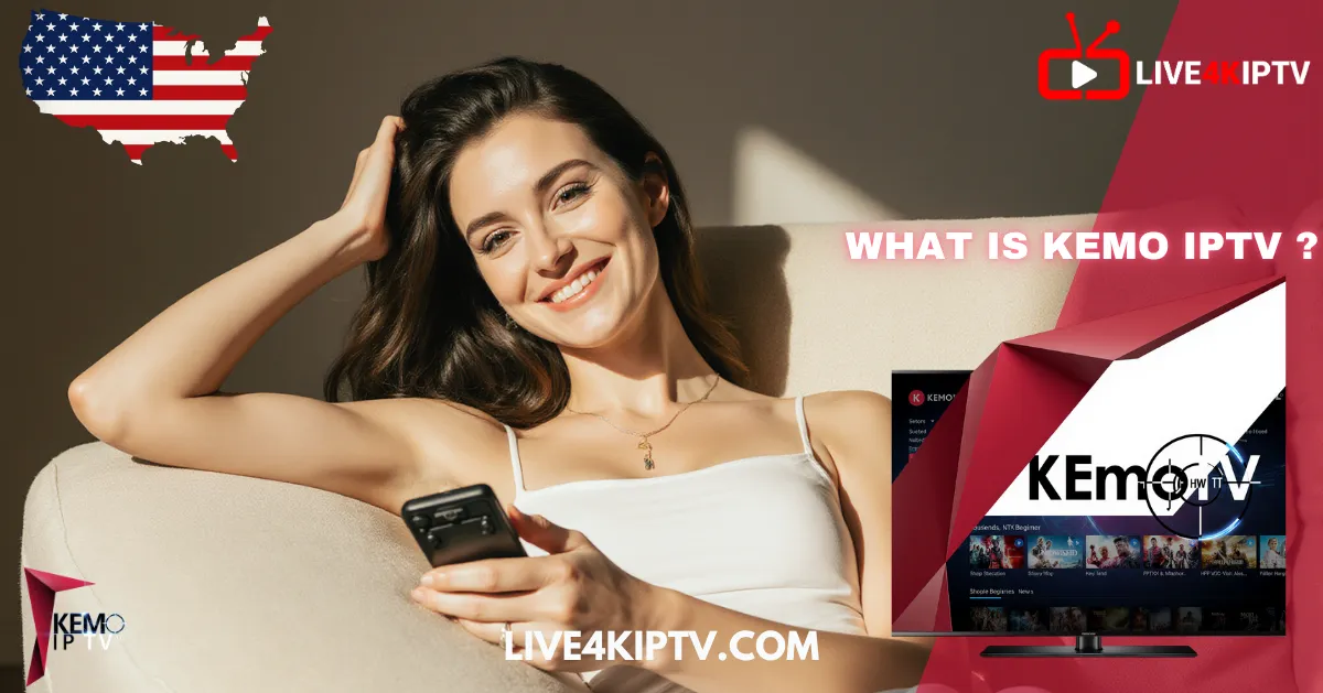 Smiling woman holding remote control while watching Kemo IPTV at home – a top IPTV premium service in the USA.