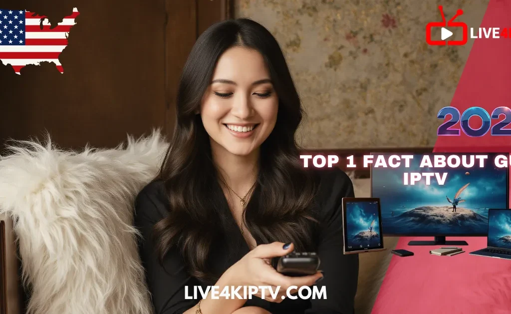Smiling woman holding a TV remote with multiple devices showing IPTV content, promoting Guru IPTV, 4K Live IPTV, and the best IPTV services in 2025.