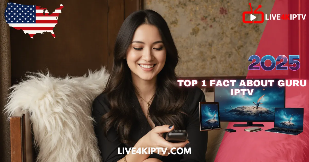Smiling woman holding a TV remote with multiple devices showing IPTV content, promoting Guru IPTV, 4K Live IPTV, and the best IPTV services in 2025.