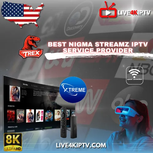 Promo image of Nigma Streamz IPTV service with 8K Ultra HD quality, Firestick remote, and VR user – ideal for Live 4K IPTV streaming in the USA.