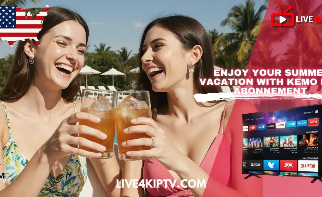 Two happy women enjoying cocktails by the resort pool with palm trees in the background, celebrating summer with Kemo IPTV 2025 abonnement. A smart TV displays IPTV Smarters Pro and IPTV PRO apps.