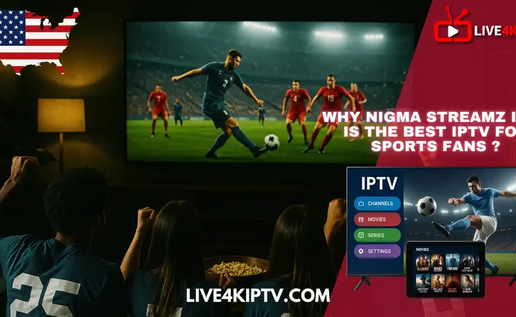 Friends in blue jerseys watching a soccer match on a big screen with Nigma Streamz IPTV, showcasing live sports and entertainment streaming.