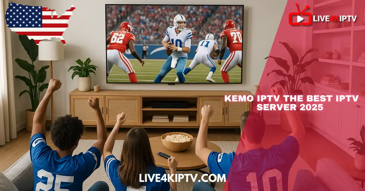 Friends wearing blue jerseys cheering while watching an American football game on Kemo IPTV in a modern living room setup.