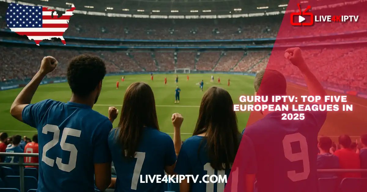 Friends in blue jerseys cheering inside a packed football stadium, watching Guru IPTV stream of the top five European leagues in 2025.