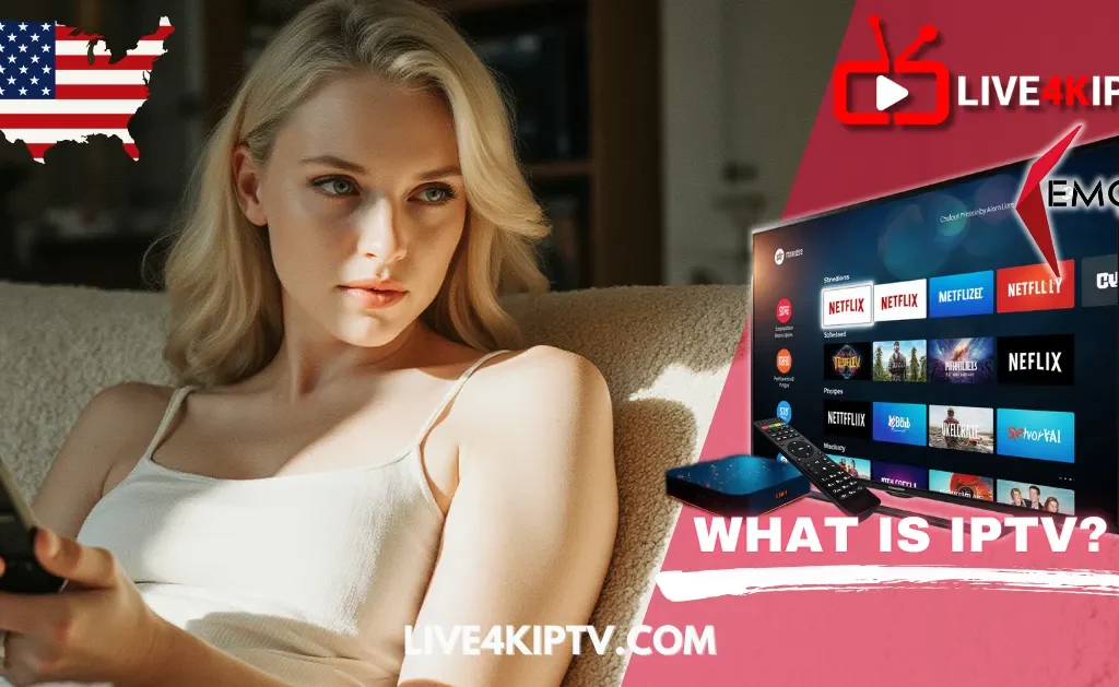 A woman holding a remote control while looking at a TV screen showing IPTV apps like Netflix, promoting Live4KIPTV, Kemo USA IPTV, and 4K live IPTV 2025.