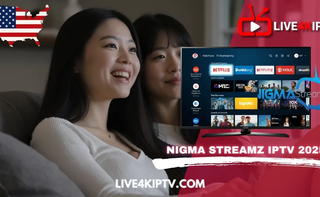 Two women enjoying TV with Nigma Streamz IPTV 2025 on Live4KIPTV, streaming movies, sports, and series in full 4K IPTV quality.