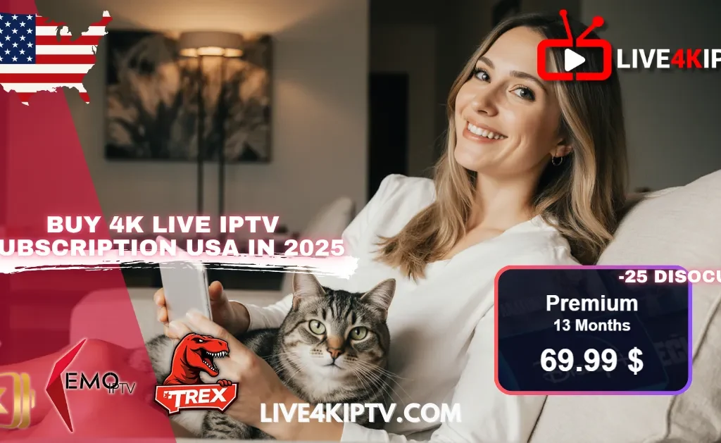 A smiling woman relaxing with her cat while watching TV using a 4K Live IPTV USA subscription in 2025, showcasing premium servers like Kemo IPTV and Trex IPTV.