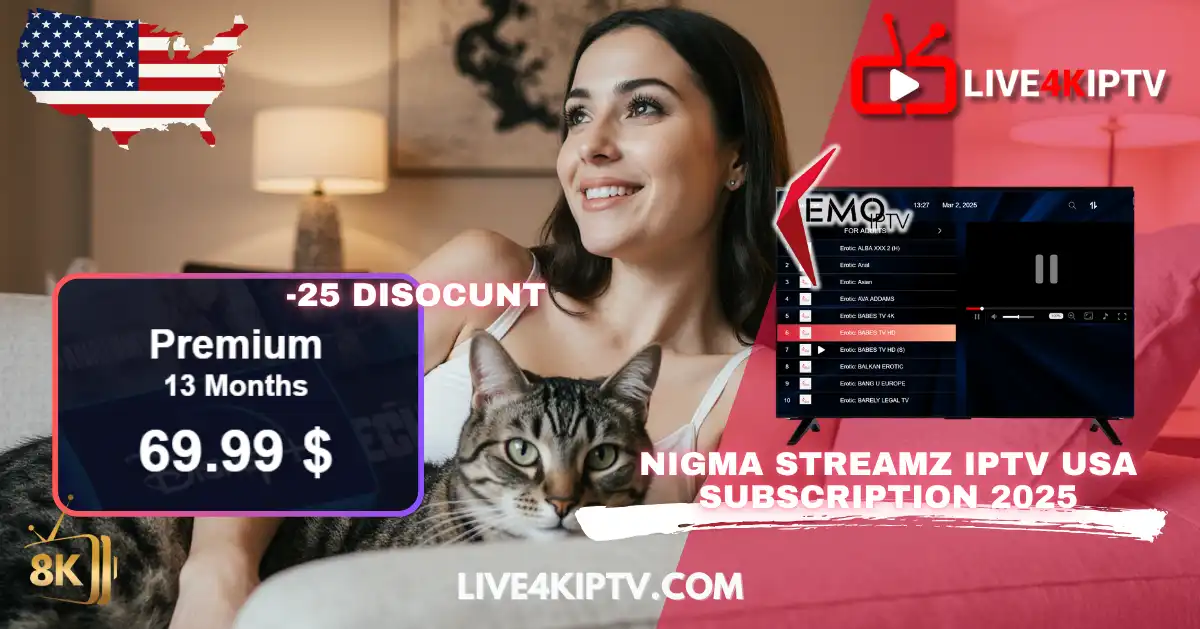 Nigma Streamz IPTV USA Subscription 2025 - A cute woman setting on a sofa watching a high-quality streaming interface showcasing a live 4k iptv usa subscription 2025 for sports and movie channels using kemo IPTV USA Server 2025.