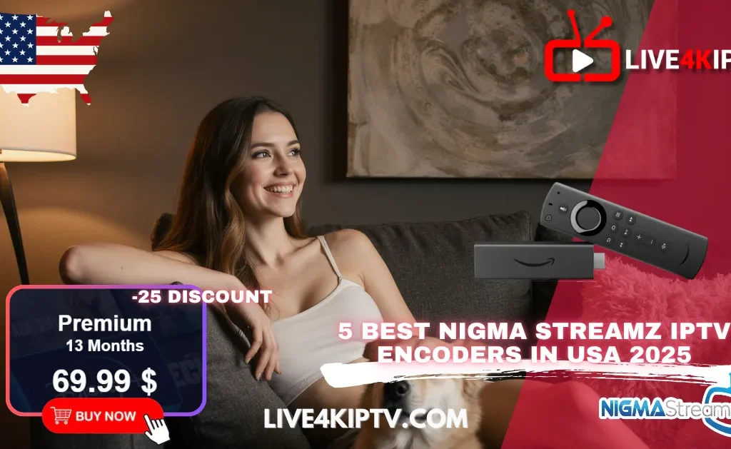 Woman enjoying 4K Live IPTV USA streaming with remote control beside Amazon Fire TV box — Nigma Streamz IPTV encoders 2025 promotion.