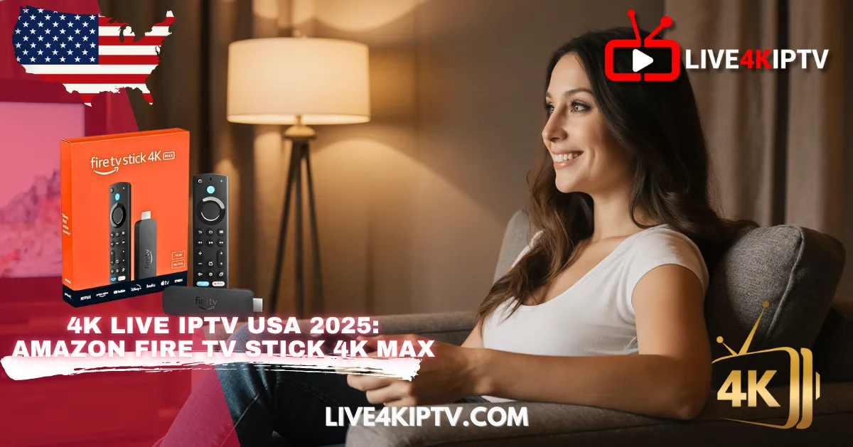 Woman enjoying movies on Amazon Fire TV Stick 4K Max with 4K Live IPTV USA 2025 by Nigma Streamz IPTV encoders.