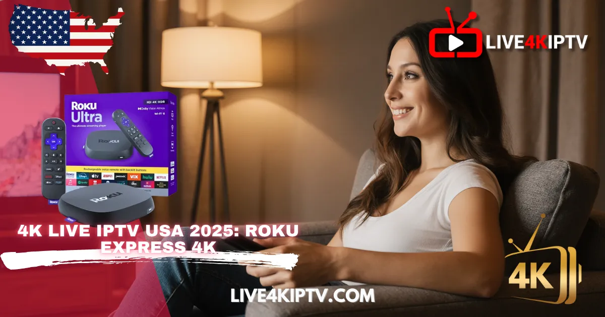 Promotional image for 4K Live IPTV USA featuring a smiling woman relaxing in an armchair next to a box for the Roku Ultra streaming player. The main text overlay advertises "4K LIVE IPTV USA 2025: ROKU EXPRESS 4K." The graphic includes an outline of the American flag, a LIVE 4K IPTV Pro logo, and the URL "LIVE4KIPTV.COM."