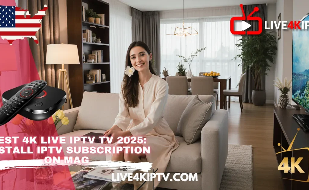 A promotional image for a 4K live IPTV TV 2025 service, featuring a young woman relaxing on a sofa in a modern living room, a set-top box and remote control, a US flag map overlay, and the text: "BEST 4K LIVE IPTV TV 2025: INSTALL IPTV SUBSCRIPTION ON MAG."