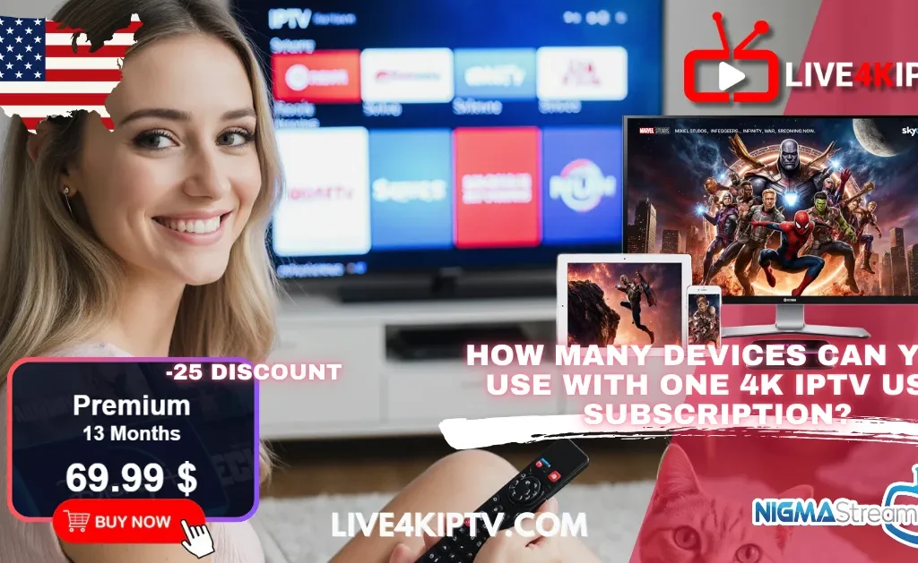 Smiling blonde woman holding a remote in front of a TV showing IPTV apps, with multiple screens displaying 4K content and a promotional offer for 4K Live IPTV service, including Trex IPTV Premium and Nigma IPTV Streamz.