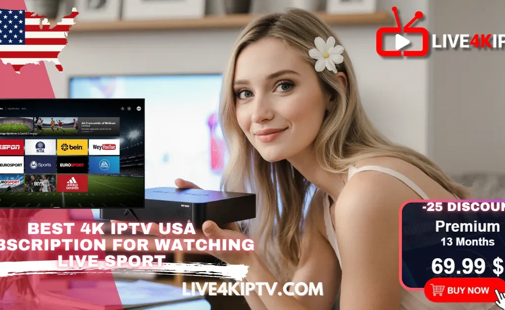 Young woman smiling while holding an IPTV box, with an on-screen menu showing sports channels like ESPN and Eurosport, promoting a 4k live iptv usa subscription with a 25% discount for 4k iptv usa 2025.