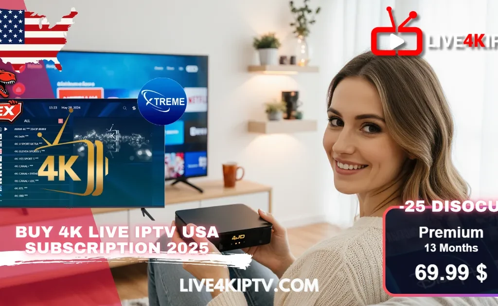 Smiling woman holding a 4K IPTV box with a Smart TV in the background, promoting Buy 4K Live IPTV USA 2025 subscription, including Kemo IPTV USA, USA IPTV Kemo, and 4K IPTV USA plans.