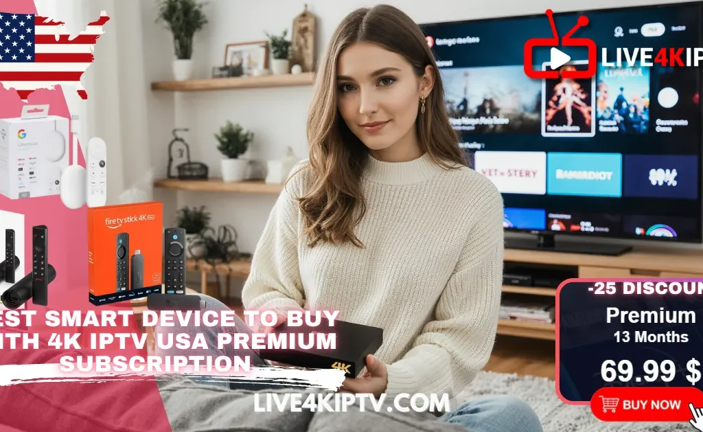 Young woman holding an IPTV box in a modern living room, showcasing the best smart devices for 4K IPTV USA Premium, Firestick, Nvidia Shield, Chromecast, and USA IPTV 4K subscription plans.