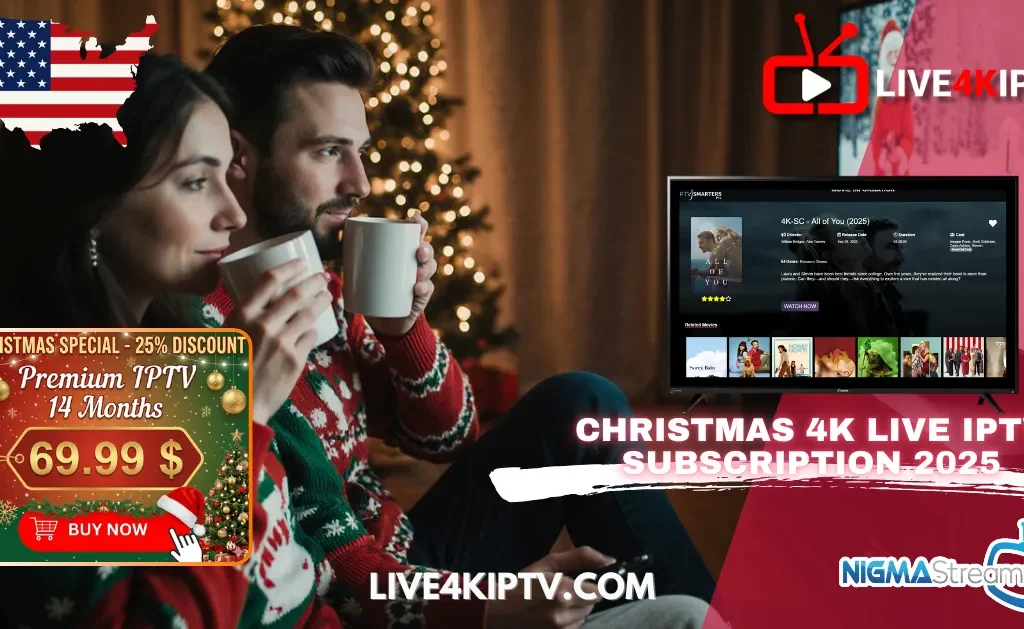 A festive promotional banner for a Christmas 4K live IPTV USA 2025 subscription. The image shows a couple enjoying hot cocoa by a Christmas tree while watching a 4K screen. An overlay highlights a Christmas 4K premium IPTV package deal: 14 months for $69.99, including a 25% discount and a "Buy Now" button.