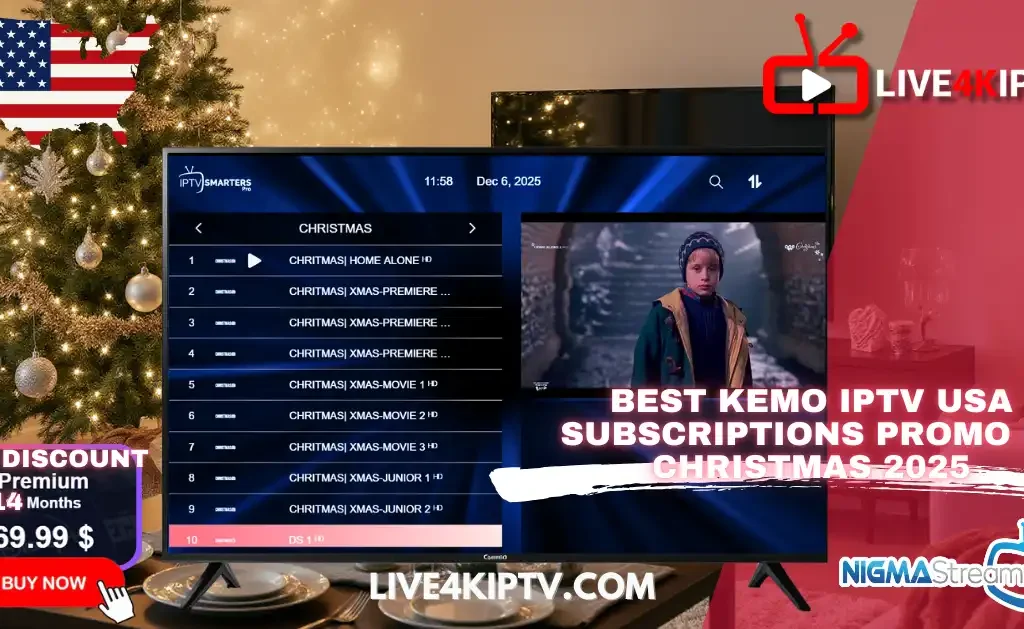 Christmas 2025 promo banner showing Kemo IPTV USA subscriptions on a TV screen with 4K Live IPTV channels, Nigma IPTV branding, and holiday decorations.