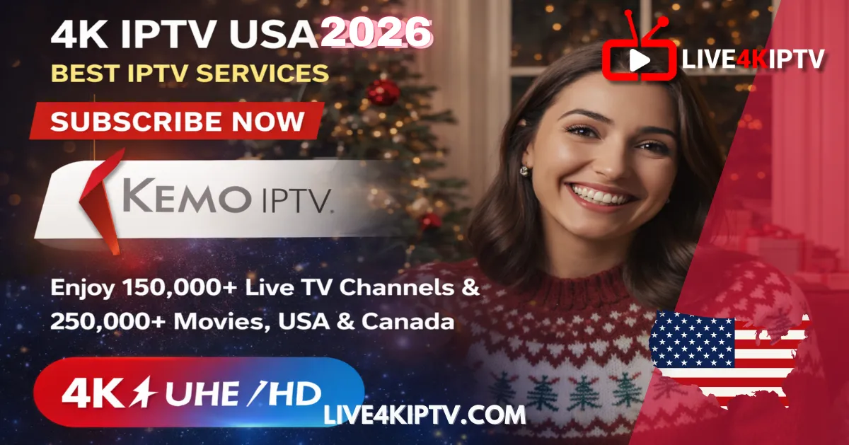 4K Live IPTV 2026 USA banner promoting live 4K IPTV streaming with Kemo IPTV, IPTV Smarters Pro Roku support, UHD/HD channels, and premium movies for home TV viewing.