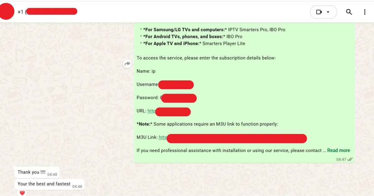 Positive IPTV customer review on WhatsApp showing fast activation and professional support service