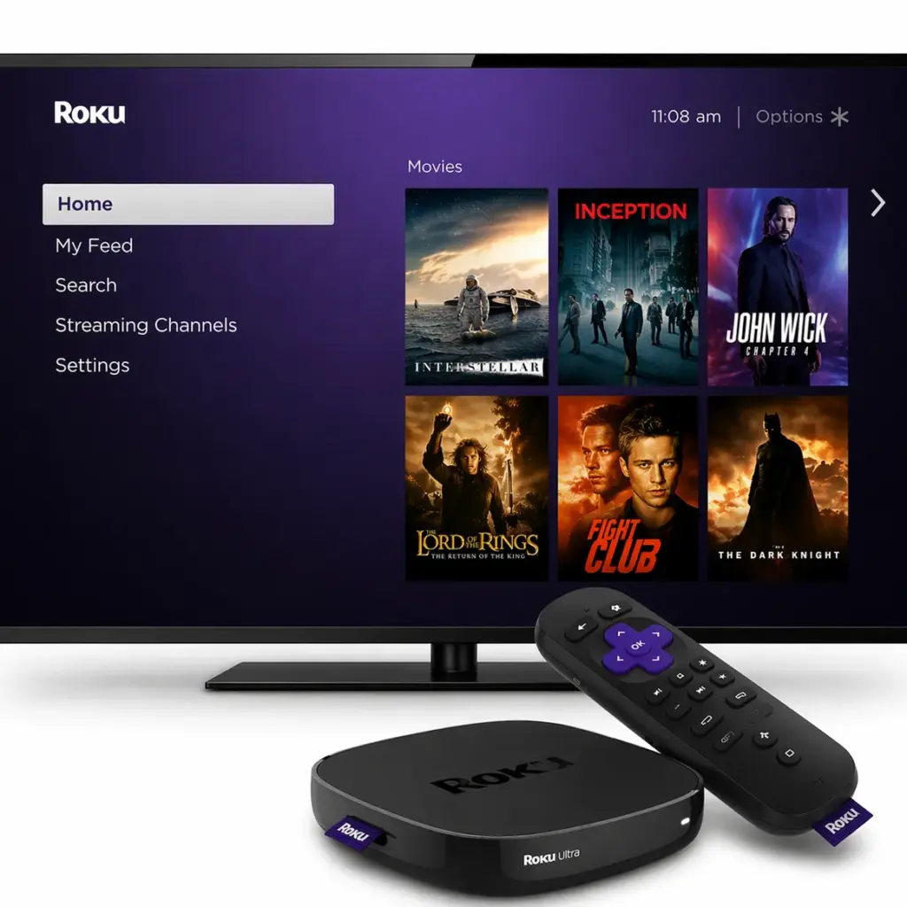 Modern 4K Live IPTV streaming box with remote control and smart TV movie interface on a large screen.