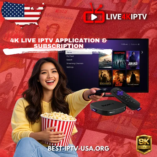Smiling woman enjoying popcorn with remote control, 4K Live IPTV streaming box, smart TV movie interface, and IPTV subscription banner.