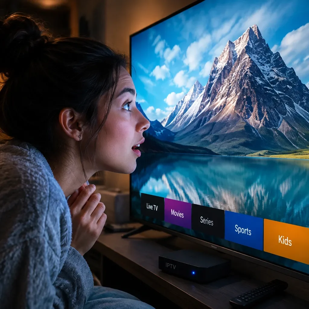 Live 4K IPTV on a Smart TV with a woman watching high-resolution content in a modern living room