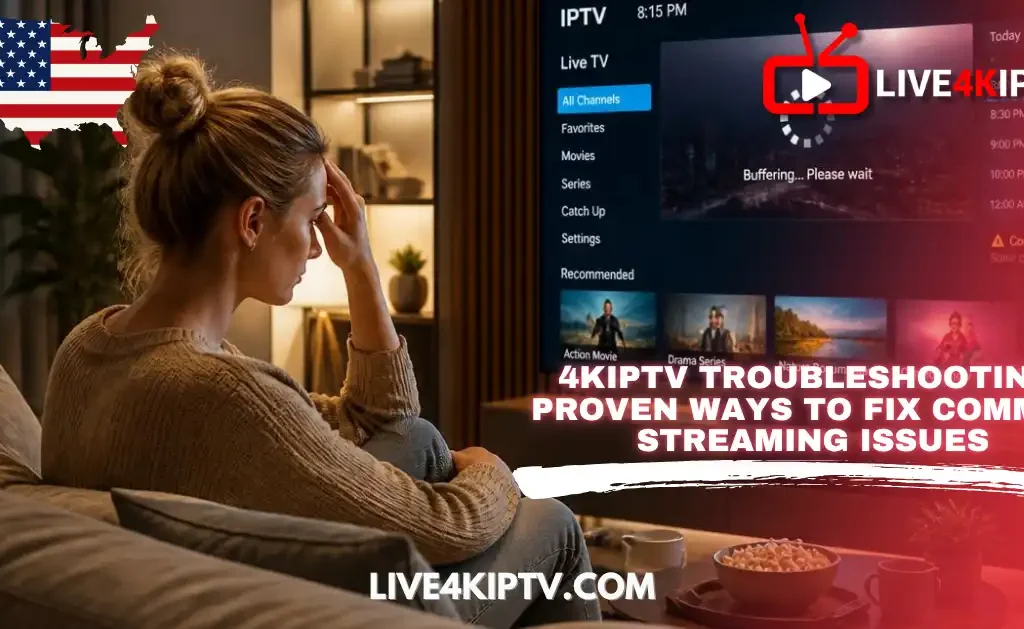 Woman troubleshooting 4kiptv streaming issues on a TV showing buffering and connection problems