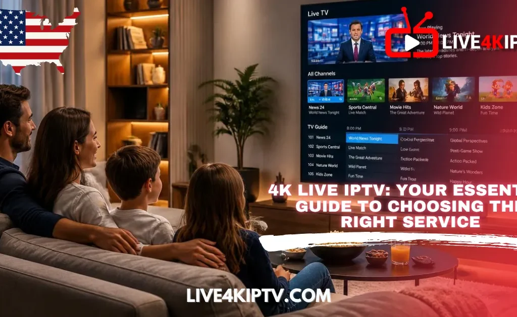 Family watching 4K Live IPTV on a smart TV with live channels and entertainment content