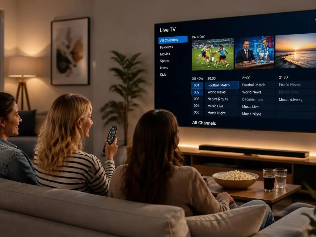Three women enjoying 4Klive IPTV on a large-screen TV in a modern living room