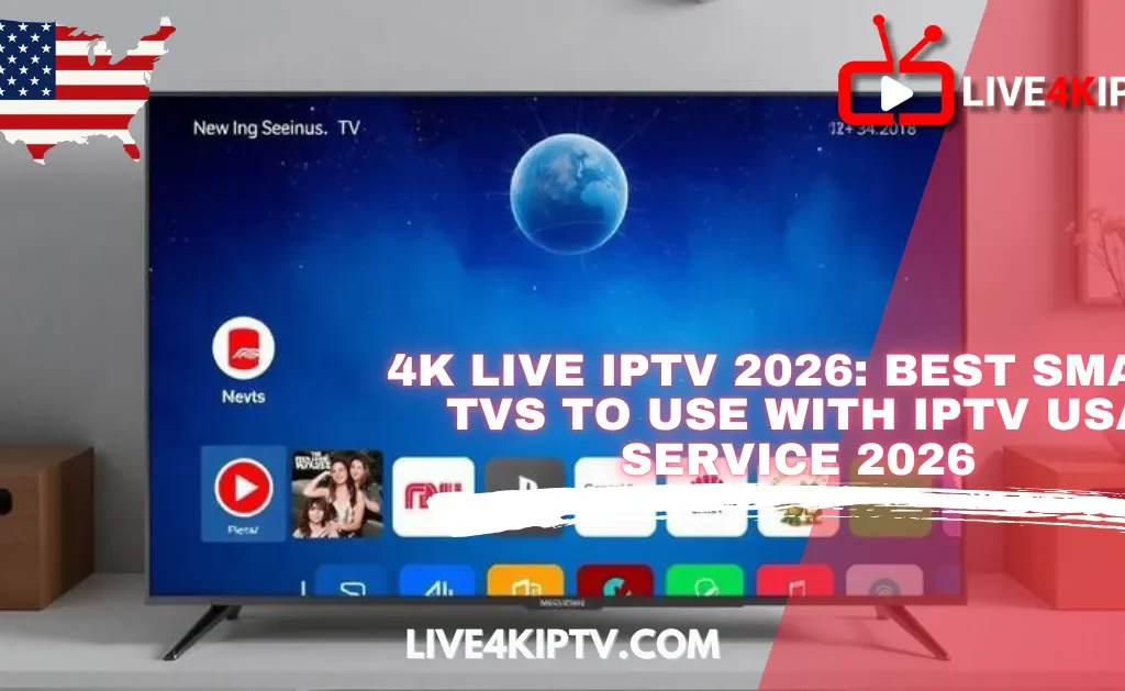 Smart TV displaying a streaming interface with text promoting the best smart TVs for 4K live IPTV in the USA in 2026.